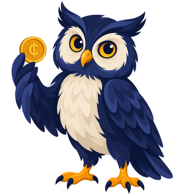 Penny, the CentWise Kids owl, holding a penny